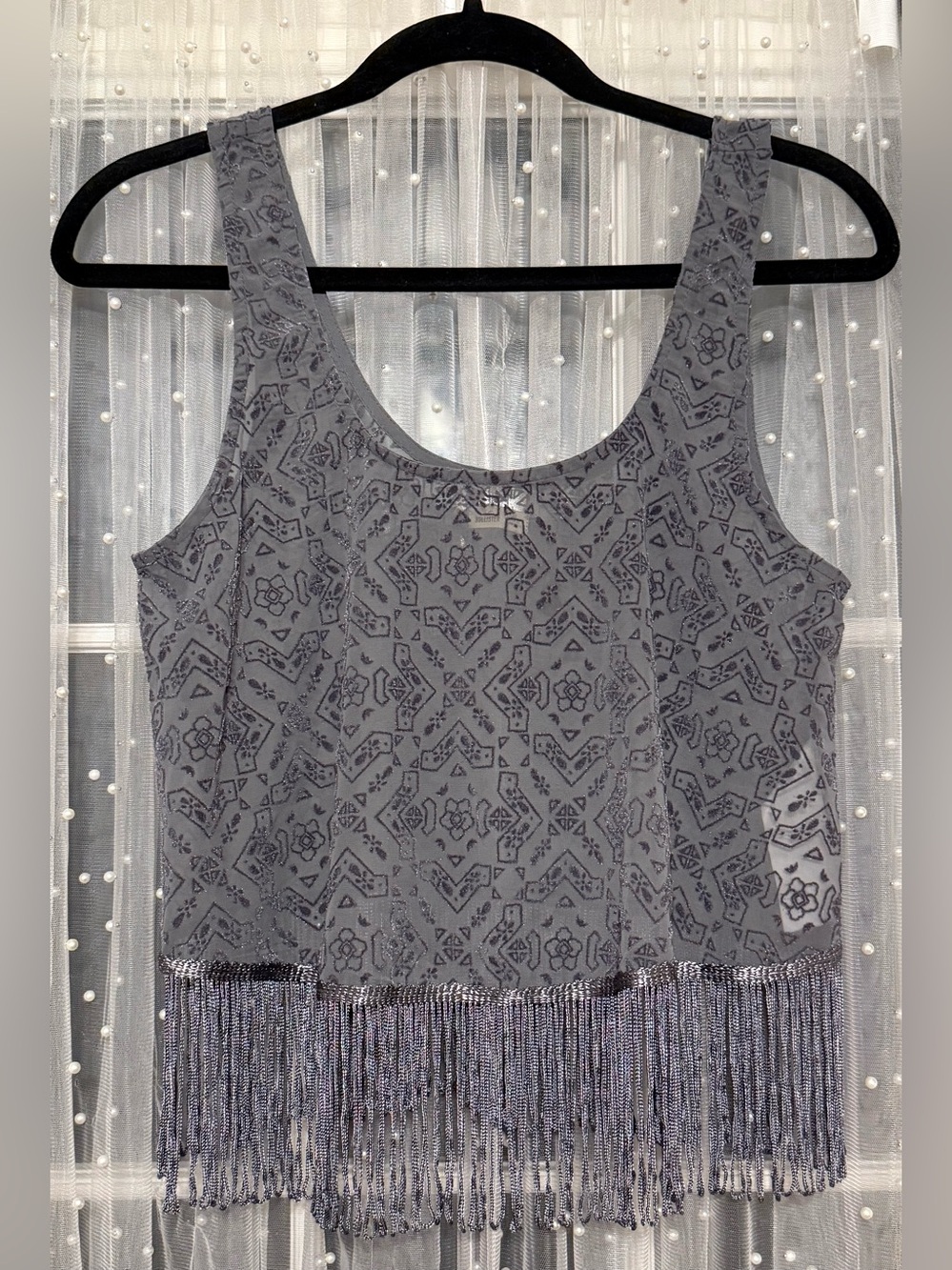 Hollister Sheer Patterned Fringe Hem Tank